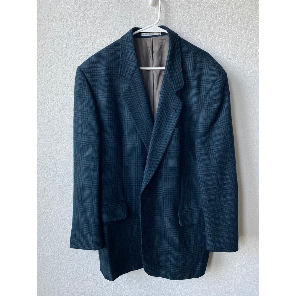 Hugo Boss Mens Plaid Wool Vintage Blazer Size 38S Teal Blue Dark Academia